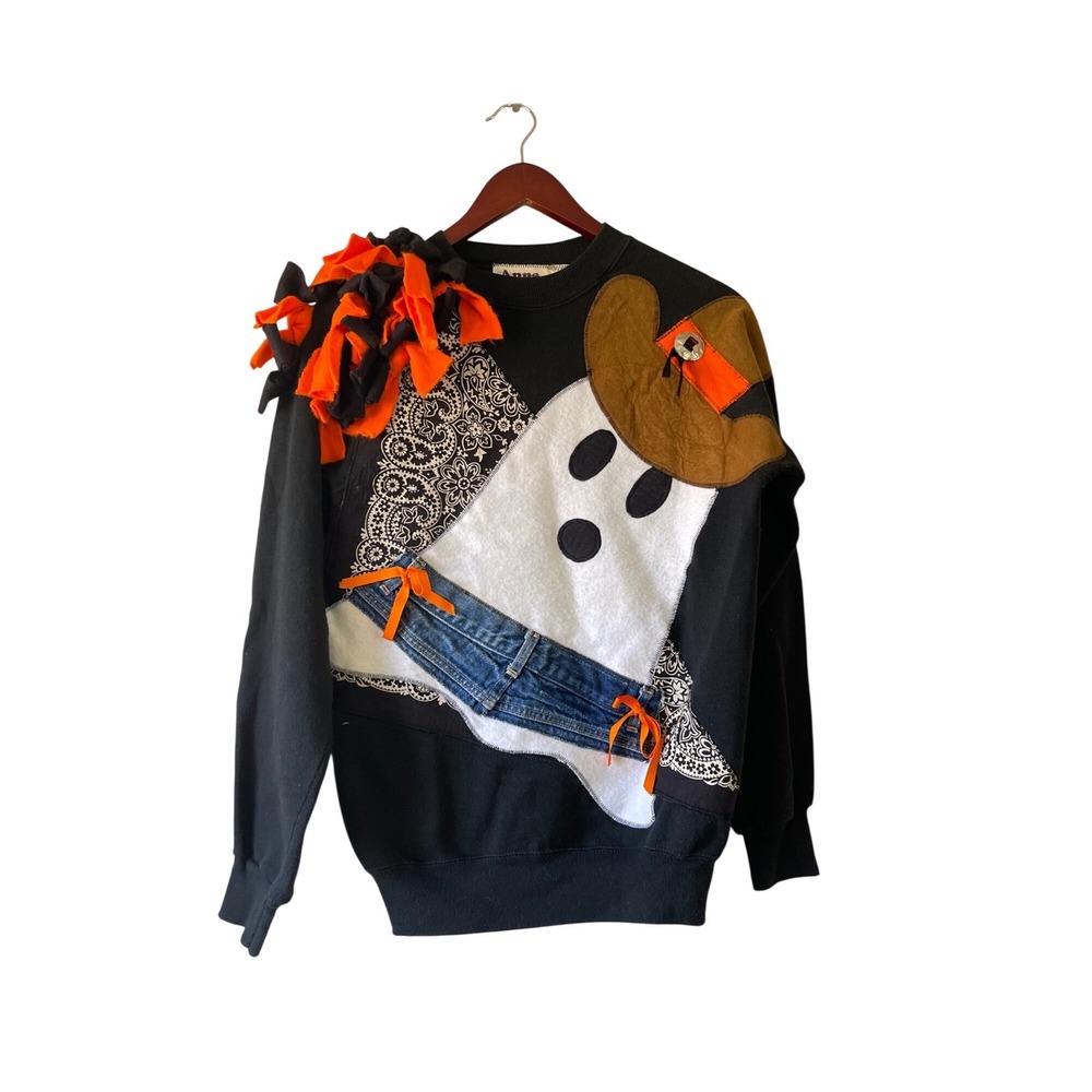 Vintage Womens Cowboy Ghost Halloween Sweatshirt Black M Bandana Denim Fringe